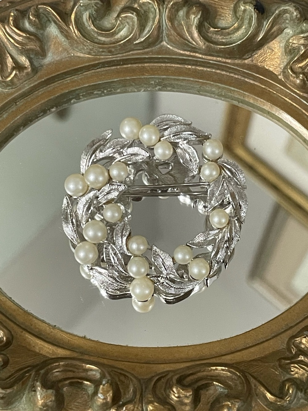 Crown Trifari Silver-tone Faux Pearl Wreath Brooch Signed - Vintage